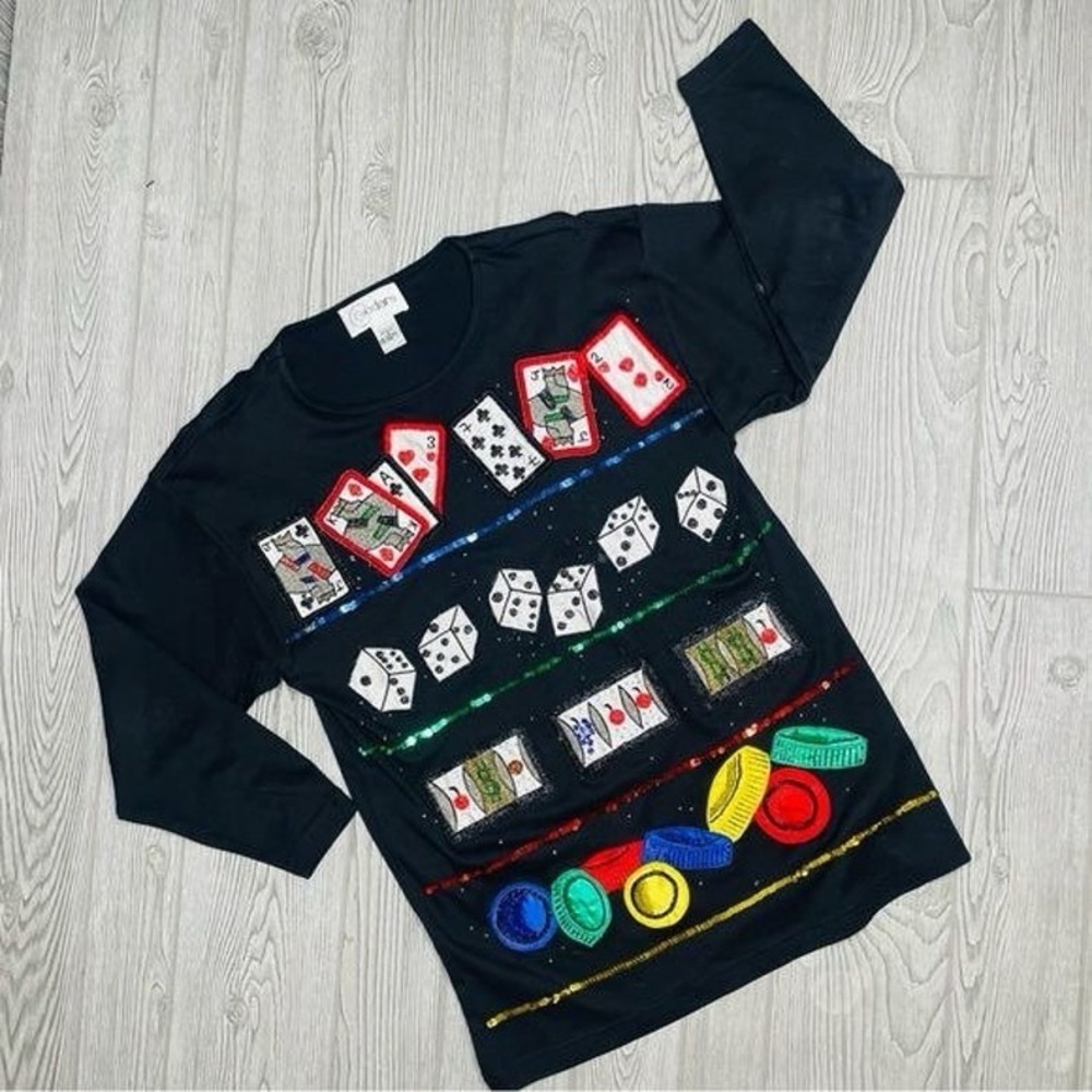 Vintage Cedars Sequin and Beaded Vegas Casino Cotton Sweater Size L